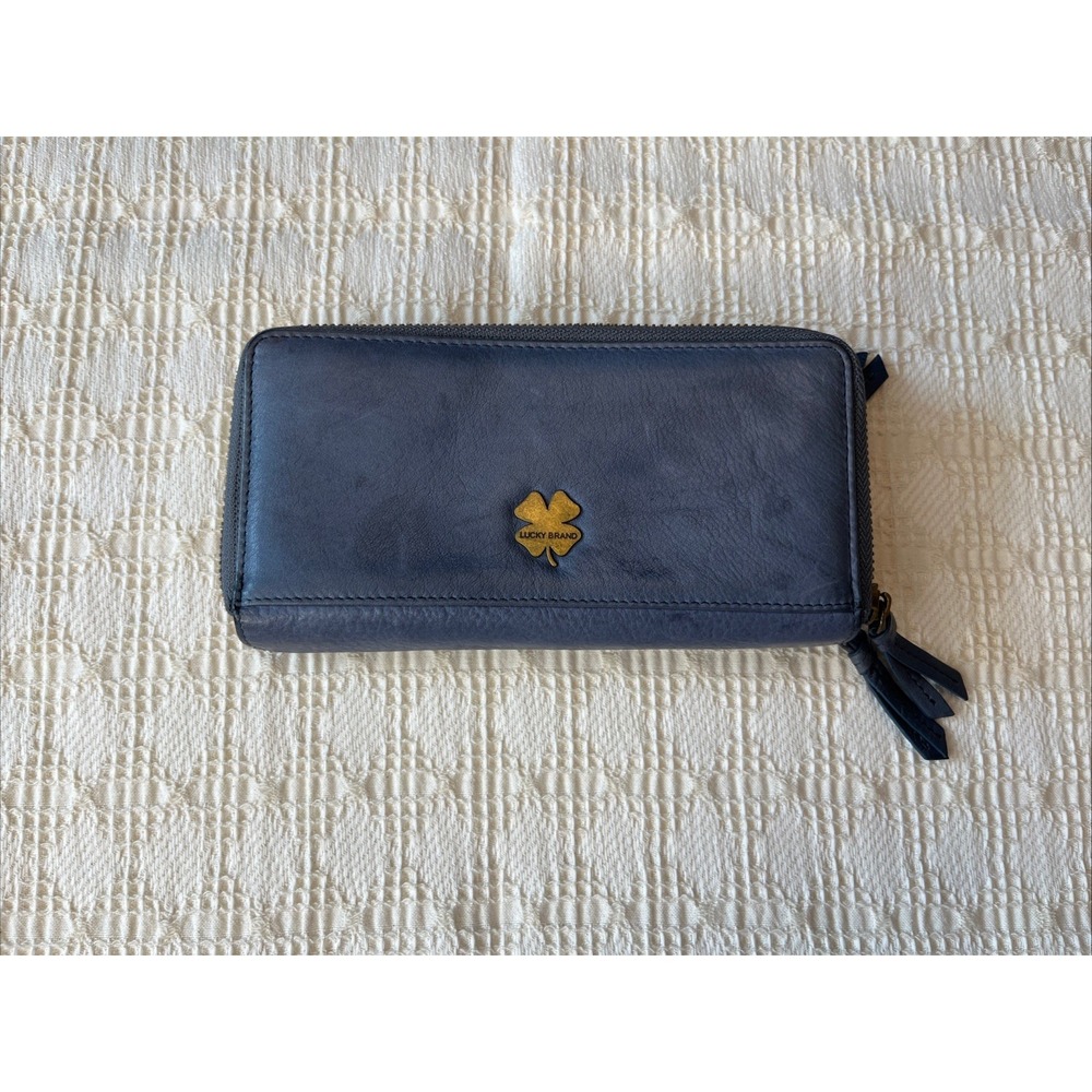 Lucky Brand Blue Leather Wallet with Gold Clover Logo Studding Zip Around Boho